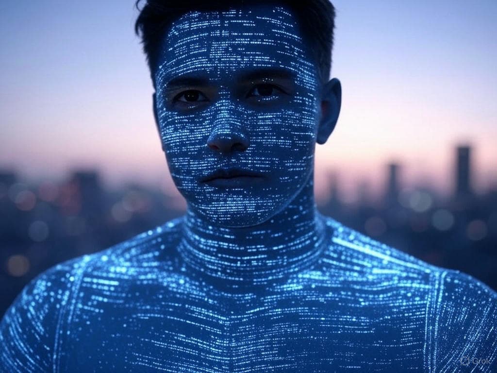 A young man made out of code, staring into the distance