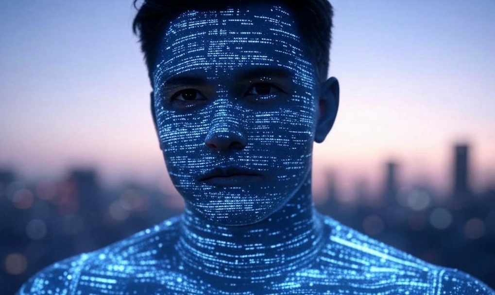 A young man made out of code, staring into the distance